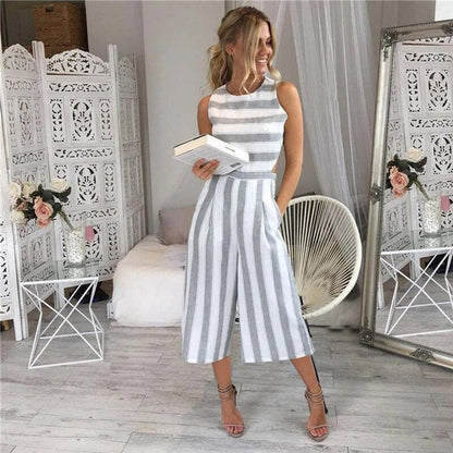 Jumpsuit dam, randig — lång ärmlös overall i lätt bomull