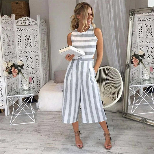 Jumpsuit dam, randig — lång ärmlös overall i lätt bomull