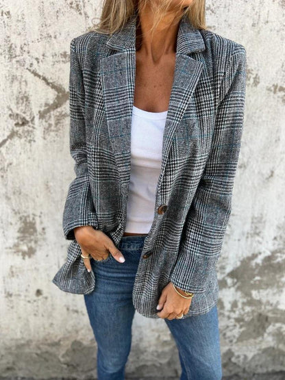 Blazer dam, rutig — elegant kavaj i linne för höst och vinter