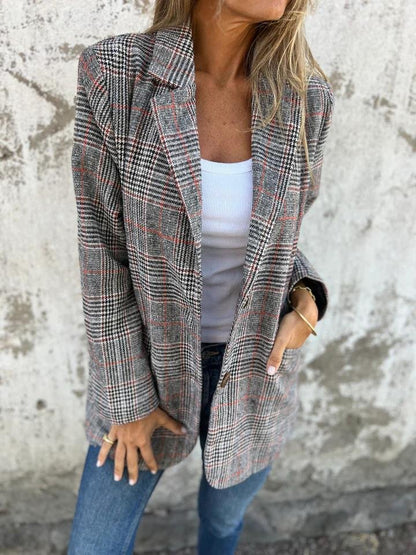 Blazer dam, rutig — elegant kavaj i linne för höst och vinter