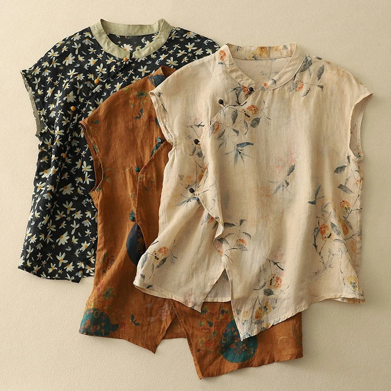 Topp dam, ärmlös — blommönstrad vintage med mandarinkrage i linne