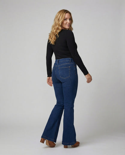 Högmidjade utsvängda jeans dam — flarejeans med hög midja