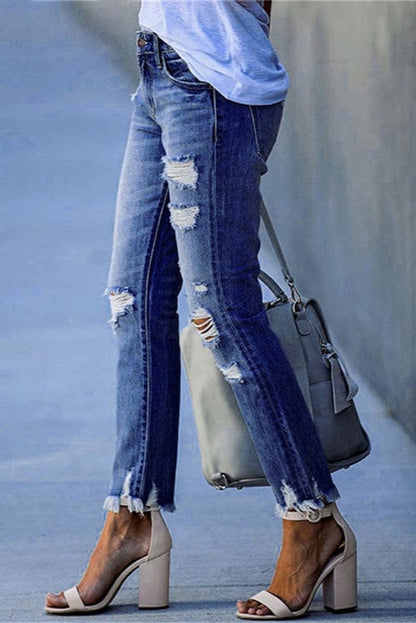 Jeans dam, raka — rippade distressed med rå fåll