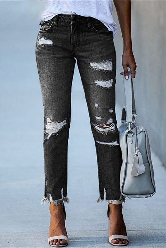 Jeans dam, raka — rippade distressed med rå fåll