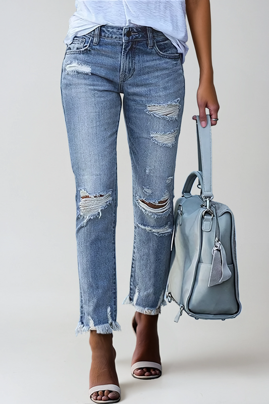 Jeans dam, raka — rippade distressed med rå fåll