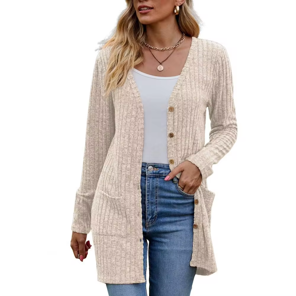 Stickad kofta dam — mjuk cardigan i akryl med långa ärmar