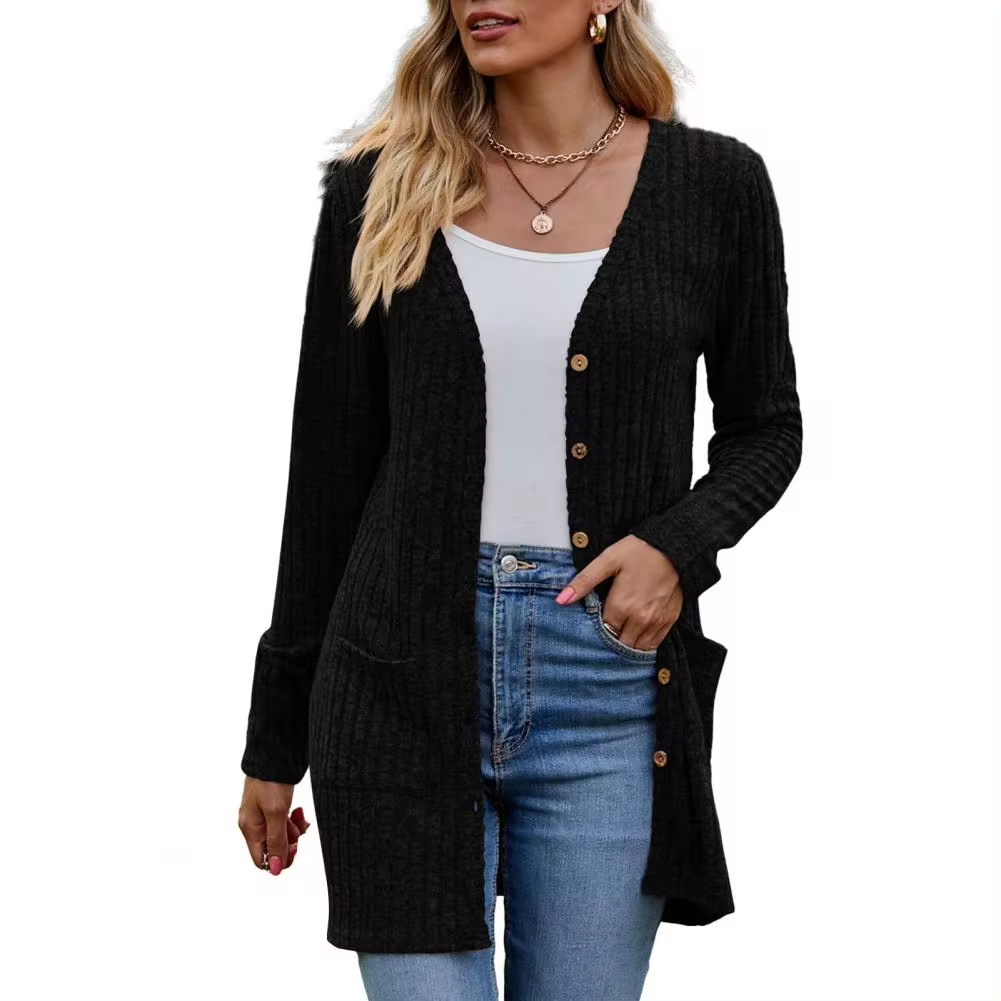 Stickad kofta dam — mjuk cardigan i akryl med långa ärmar