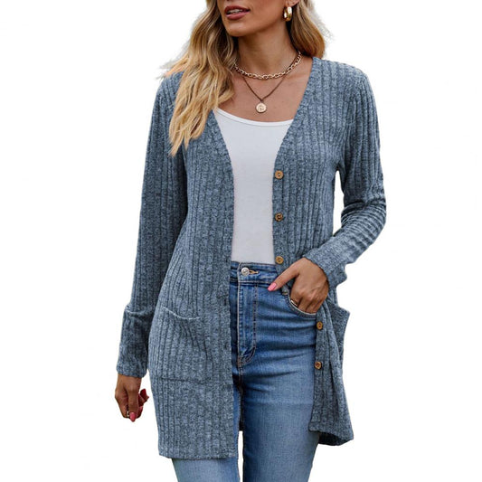 Stickad kofta dam — mjuk cardigan i akryl med långa ärmar