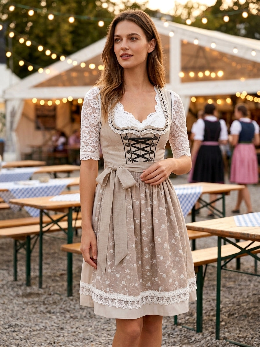 Dirndl set dam, tredelat — trachtenklänning med förkläde och blus i beige