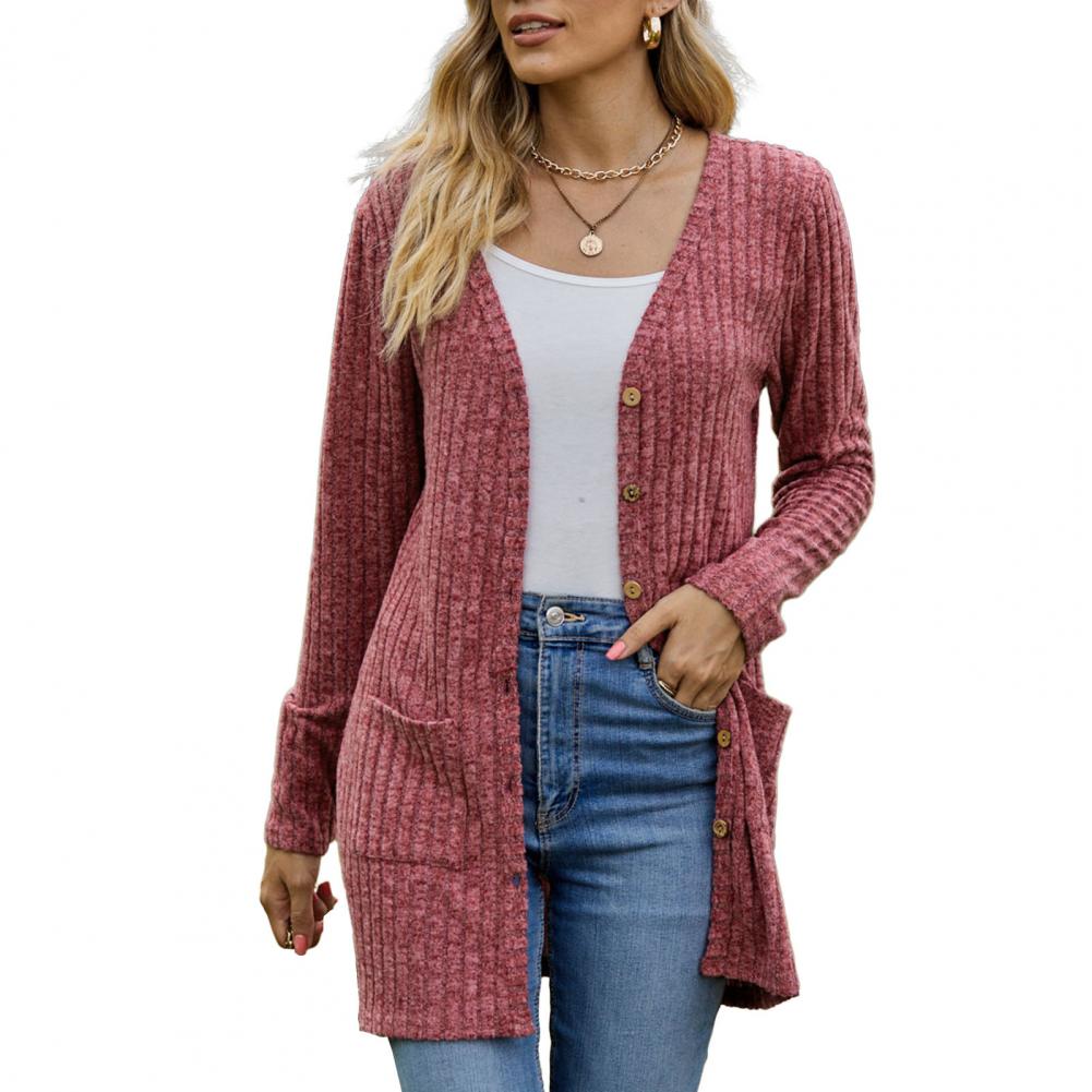 Stickad kofta dam — mjuk cardigan i akryl med långa ärmar
