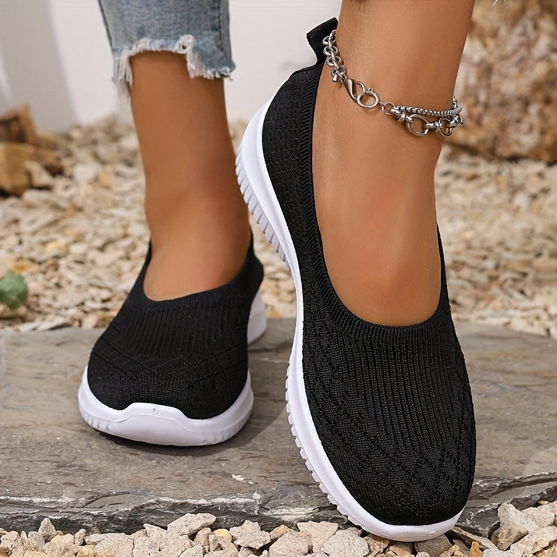 Slip-on skor dam — stickad textil med rund tå och flexibel såla