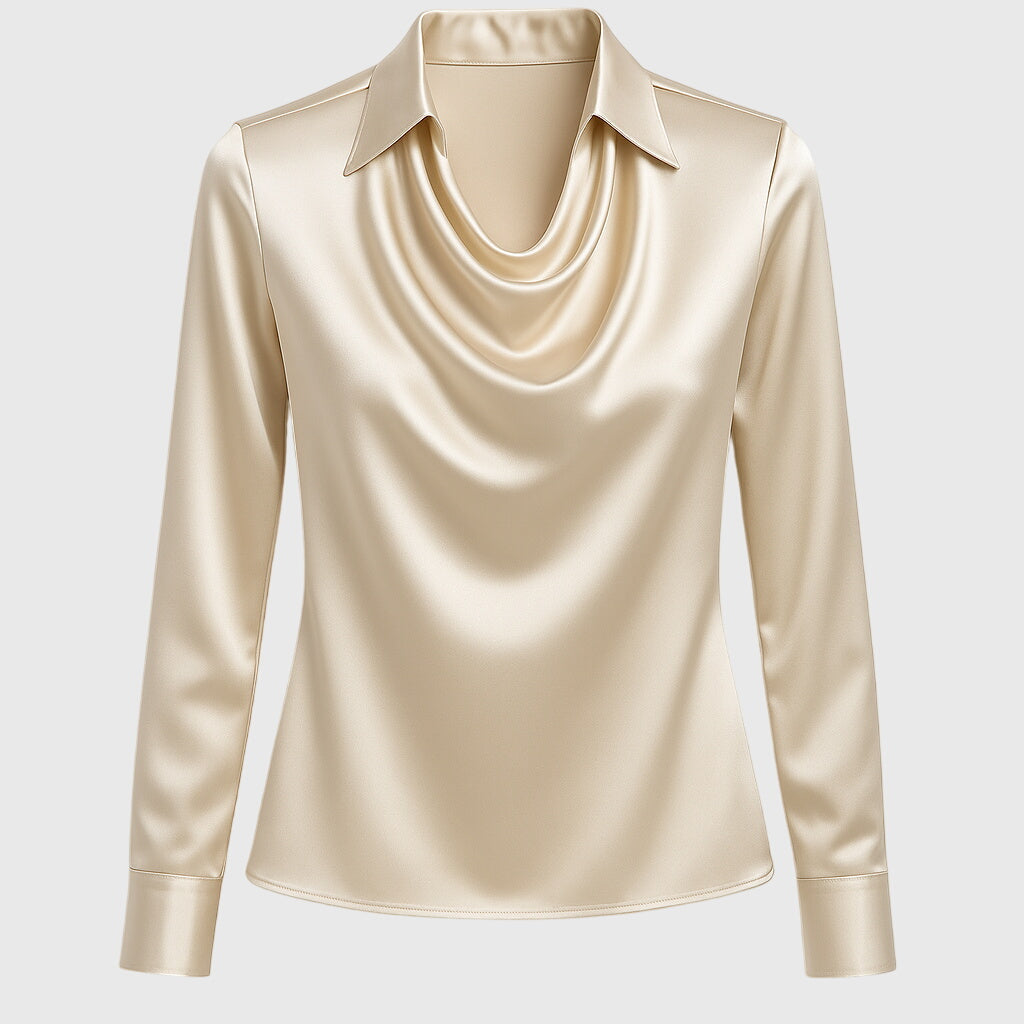 Blus dam, elegant — veckad halsringning med glansig yta