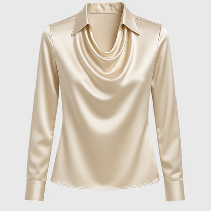 Blus dam, elegant — veckad halsringning med glansig yta