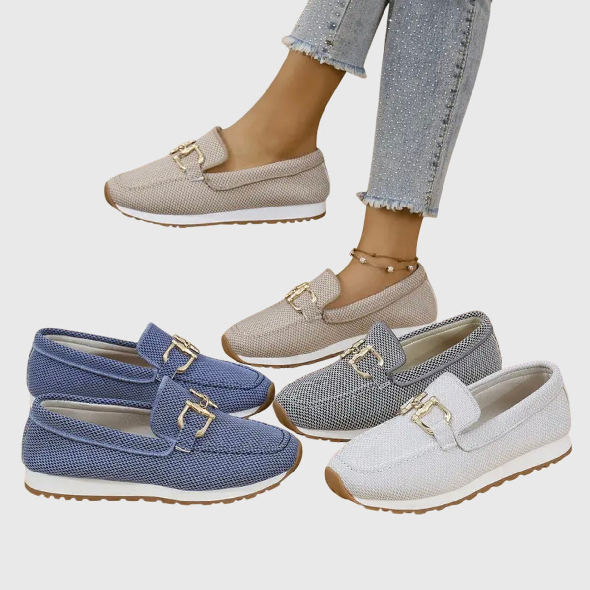 Loafers dam — i läderimitation med metallspänne, bekväma slip-on
