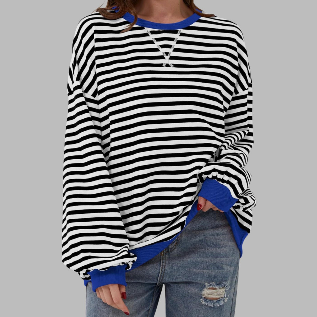 Sweatshirt dam — oversized med retroränder och kontrastmuddar