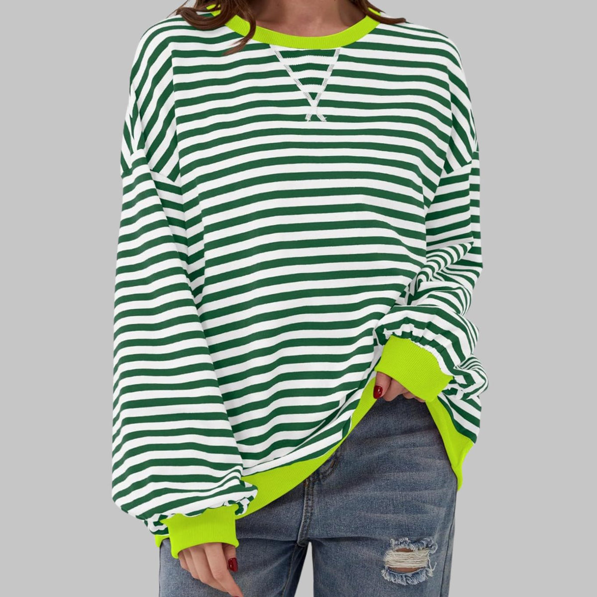 Sweatshirt dam — oversized med retroränder och kontrastmuddar