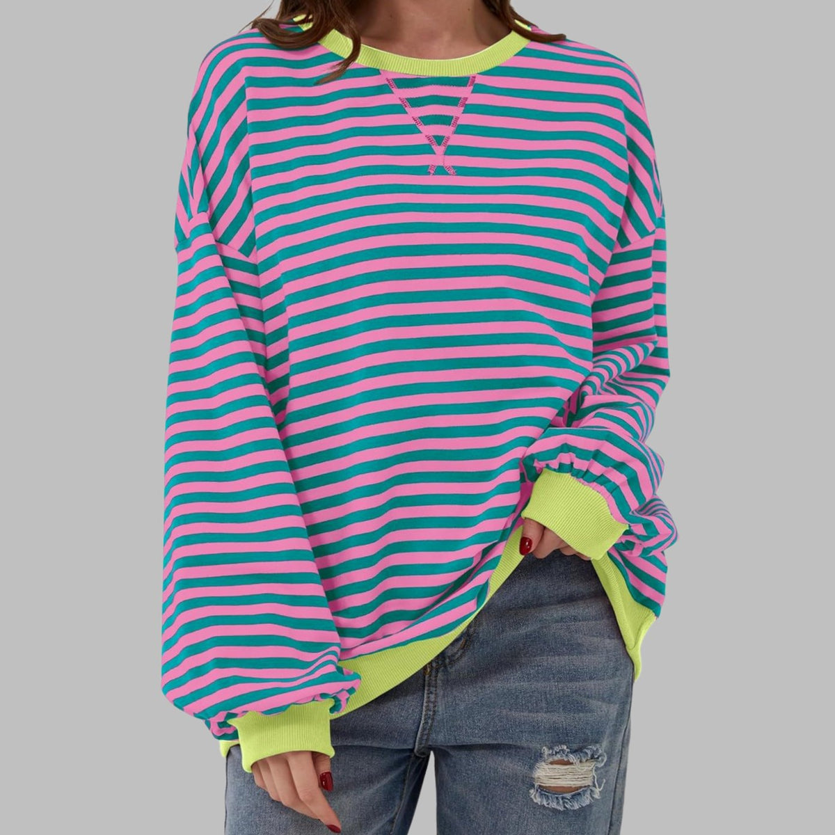 Sweatshirt dam — oversized med retroränder och kontrastmuddar