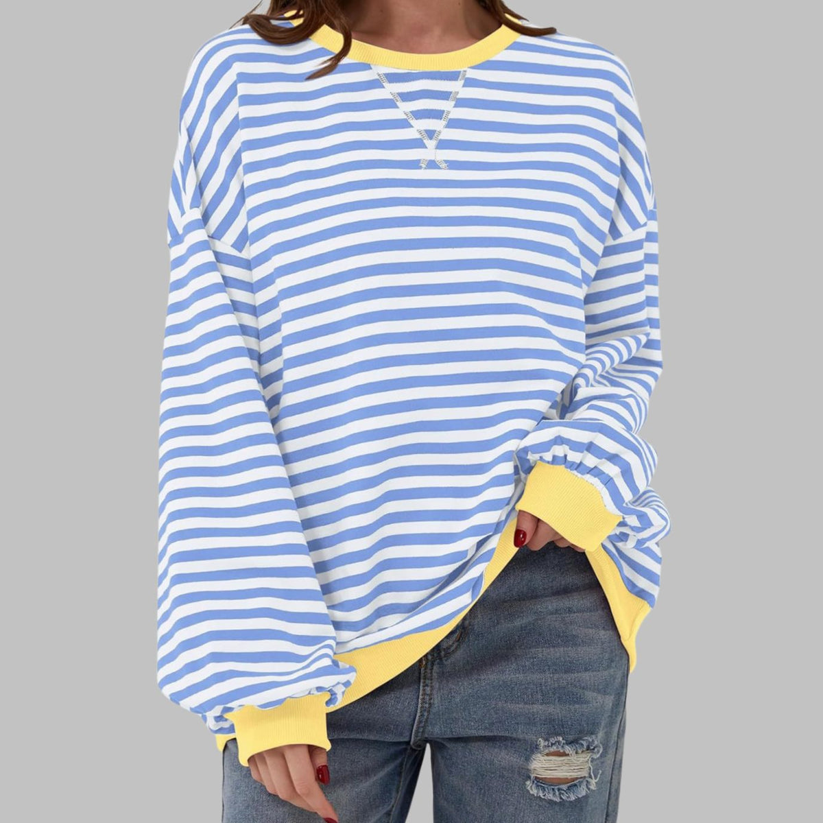 Sweatshirt dam — oversized med retroränder och kontrastmuddar