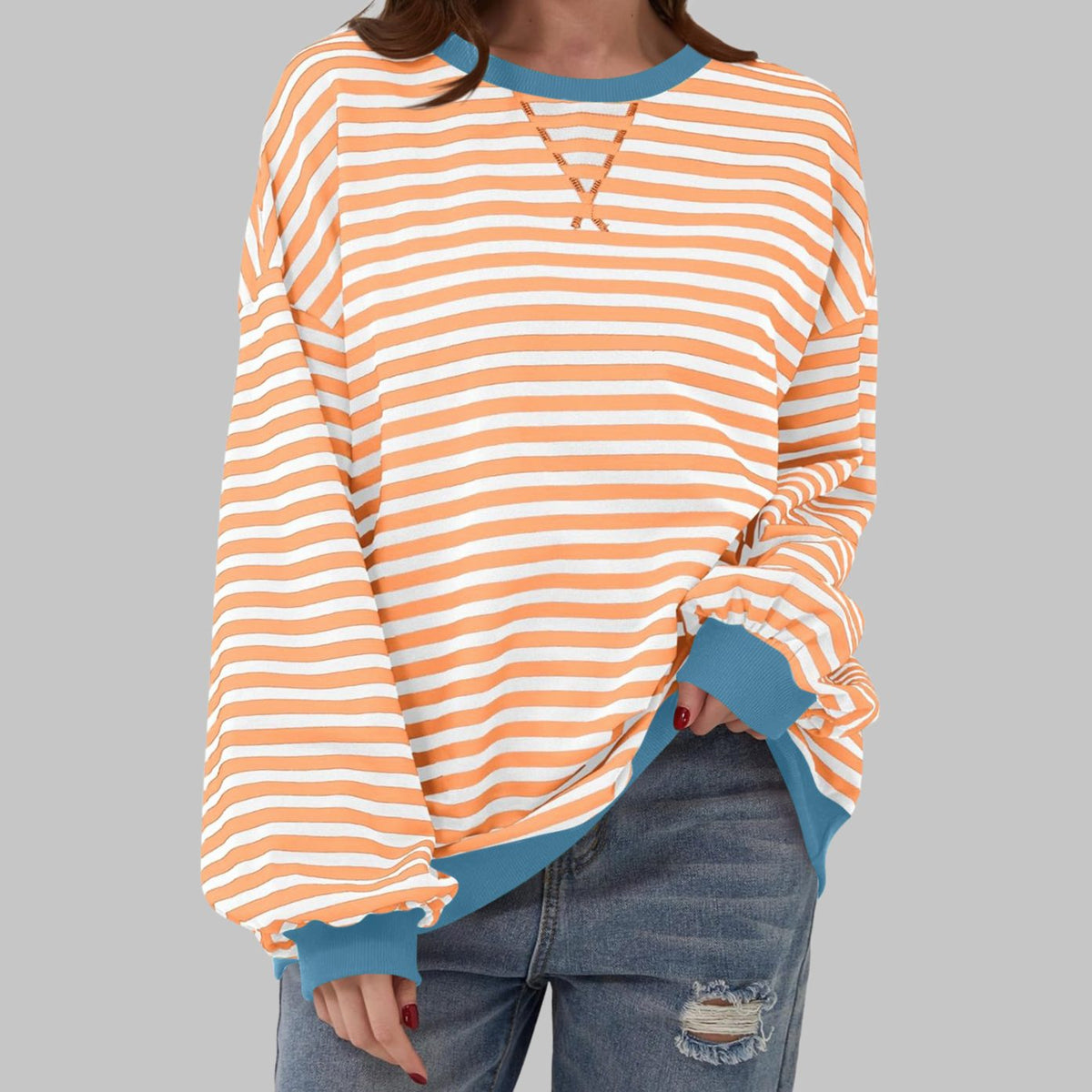 Sweatshirt dam — oversized med retroränder och kontrastmuddar
