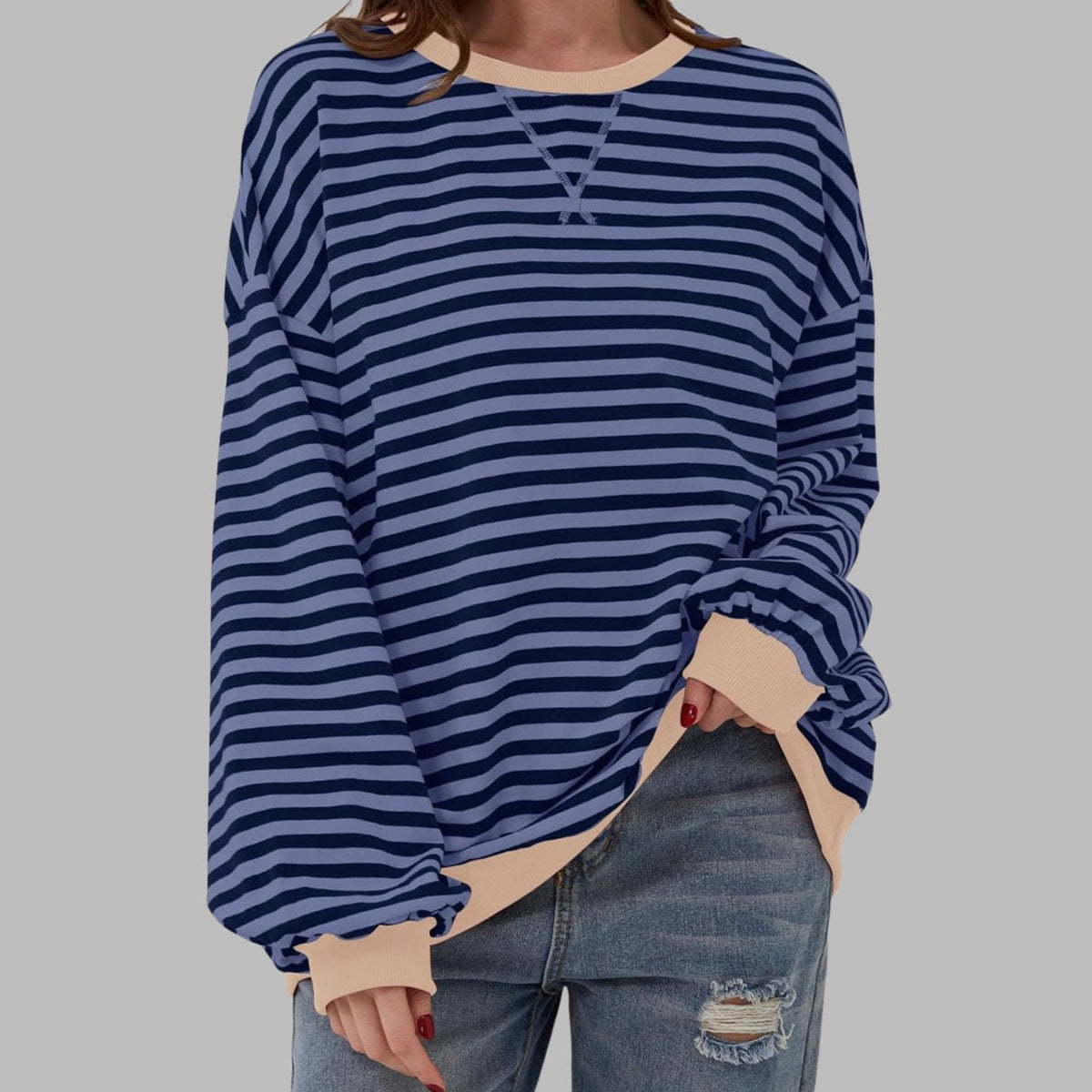 Sweatshirt dam — oversized med retroränder och kontrastmuddar