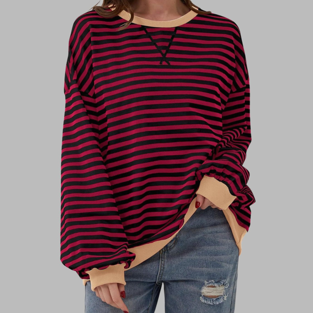Sweatshirt dam — oversized med retroränder och kontrastmuddar
