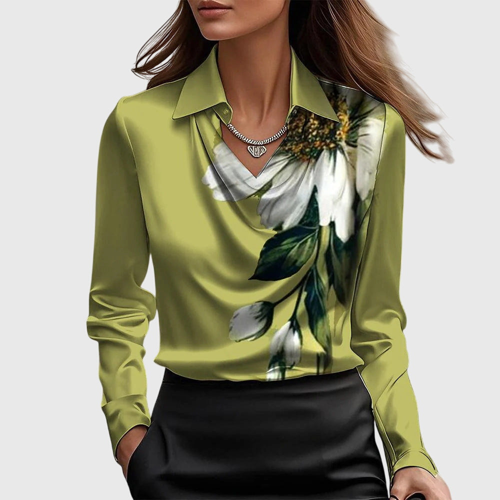Blus dam, elegant — veckad halsringning med glansig yta