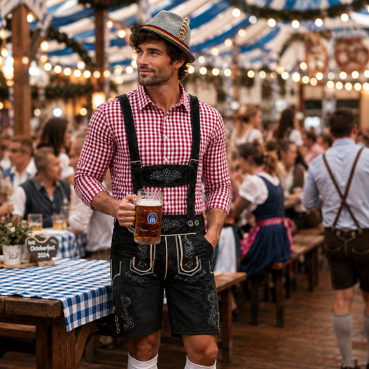 Trachtenset herr — lederhosen och rutig skjorta för Oktoberfest
