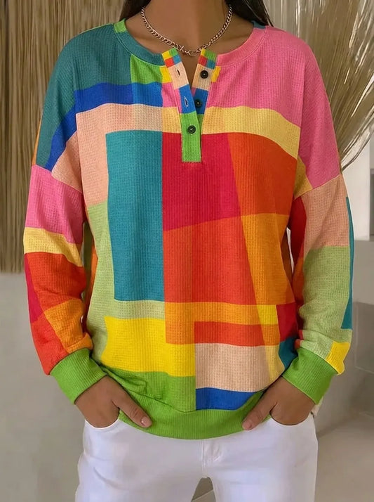 Vintage-sweatshirt dam, färgstark — ledig collegetröja