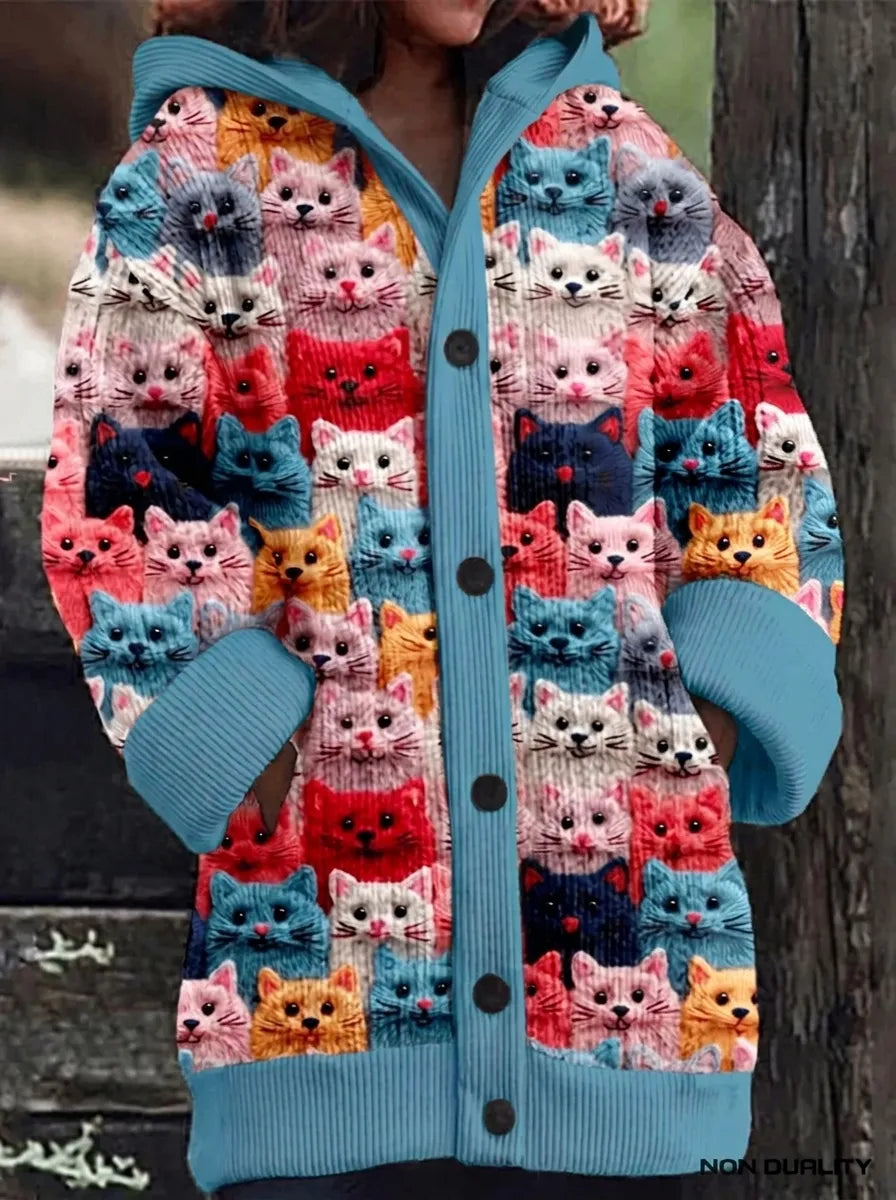 Stickad kofta dam med kattmotiv — färgstark cardigan i akryl
