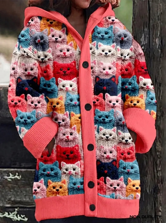 Stickad kofta dam med kattmotiv — färgstark cardigan i akryl