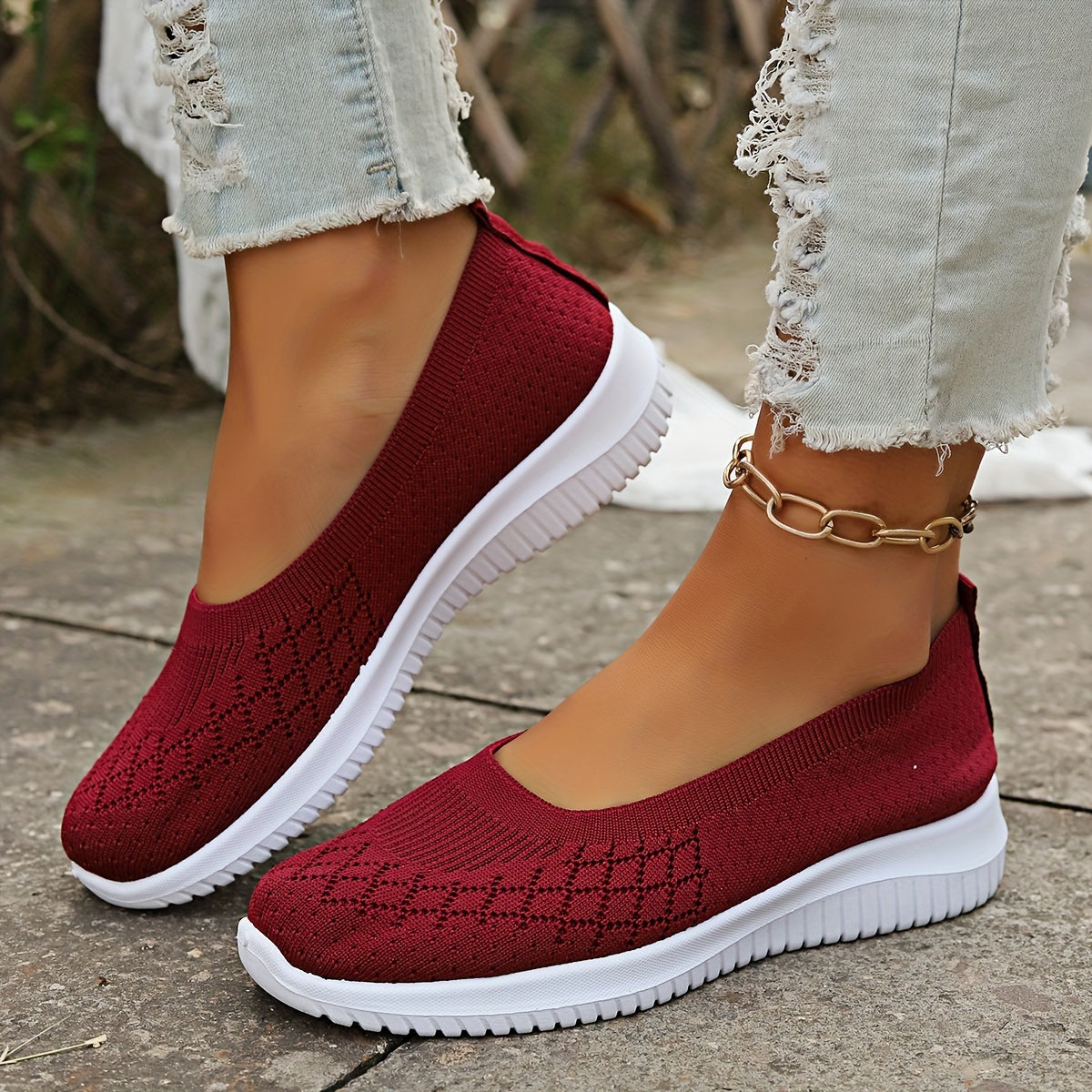 Slip-on skor dam — stickad textil med rund tå och flexibel såla