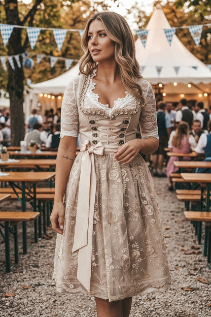 Dirndlklänning dam — traditionell folkdräkt med snörmidja för Oktoberfest