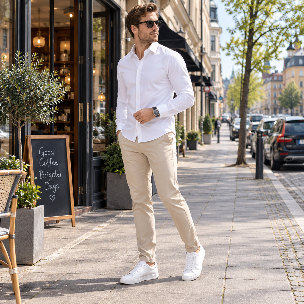 Skjorta herr, sträckbar — skrynkelfri businesskjorta