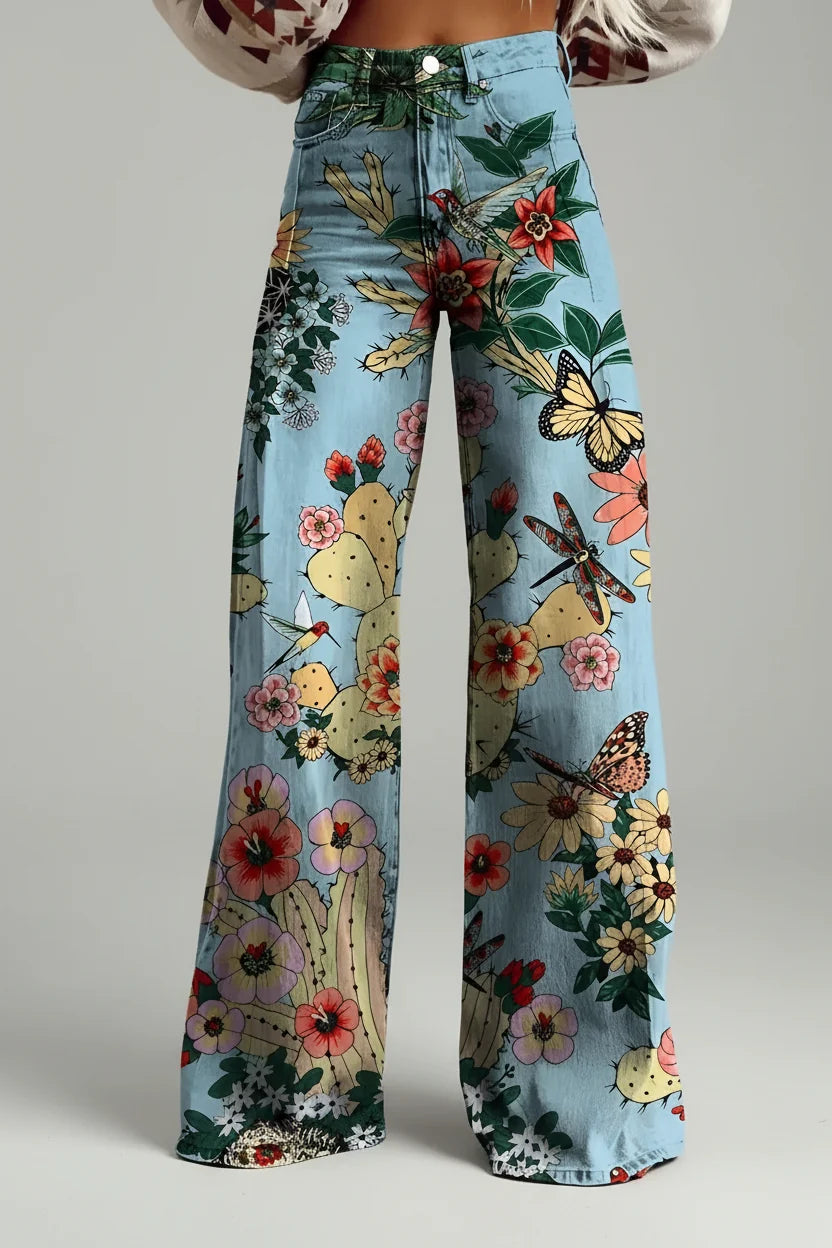 Jeans dam, vida — högmidjade utsvängda blommiga i denim