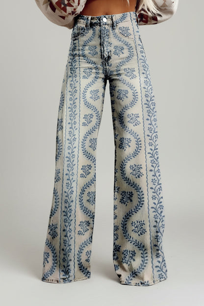 Jeans dam, vida — högmidjade utsvängda blommiga i denim