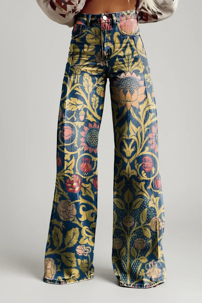 Jeans dam, vida — högmidjade utsvängda blommiga i denim