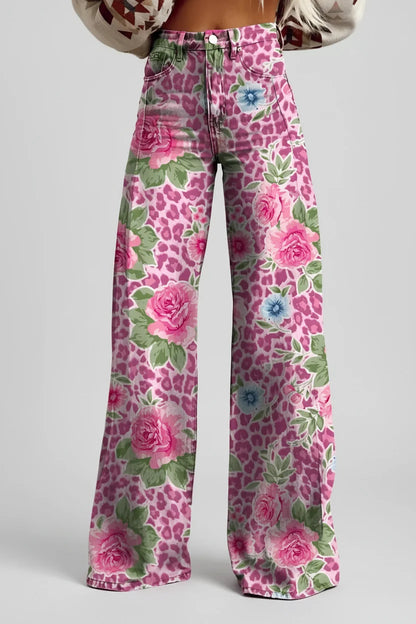 Jeans dam, vida — högmidjade utsvängda blommiga i denim