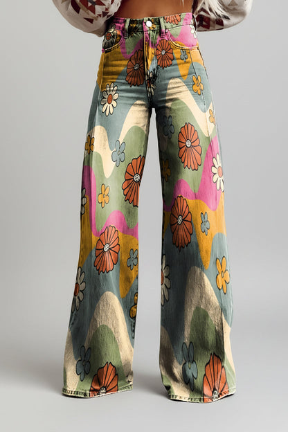 Jeans dam, vida — högmidjade utsvängda blommiga i denim