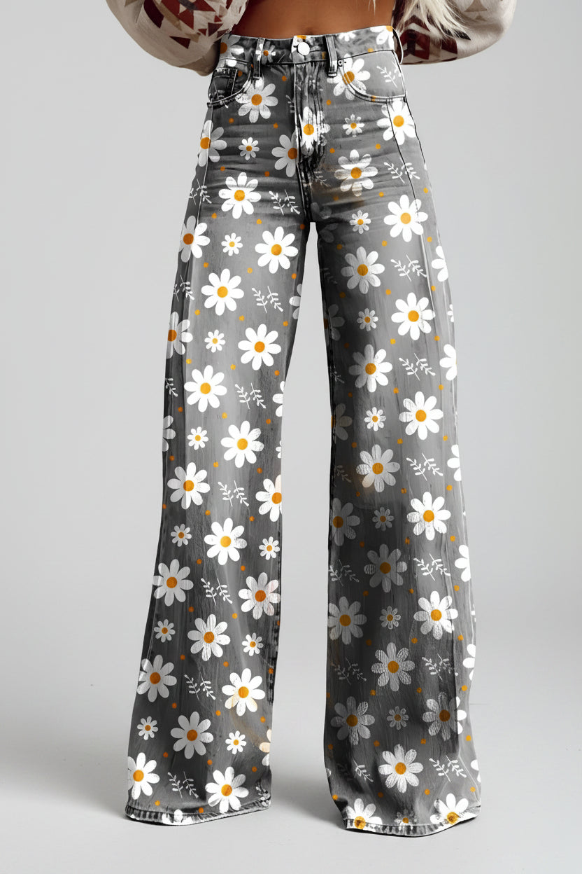 Jeans dam, vida — högmidjade utsvängda blommiga i denim