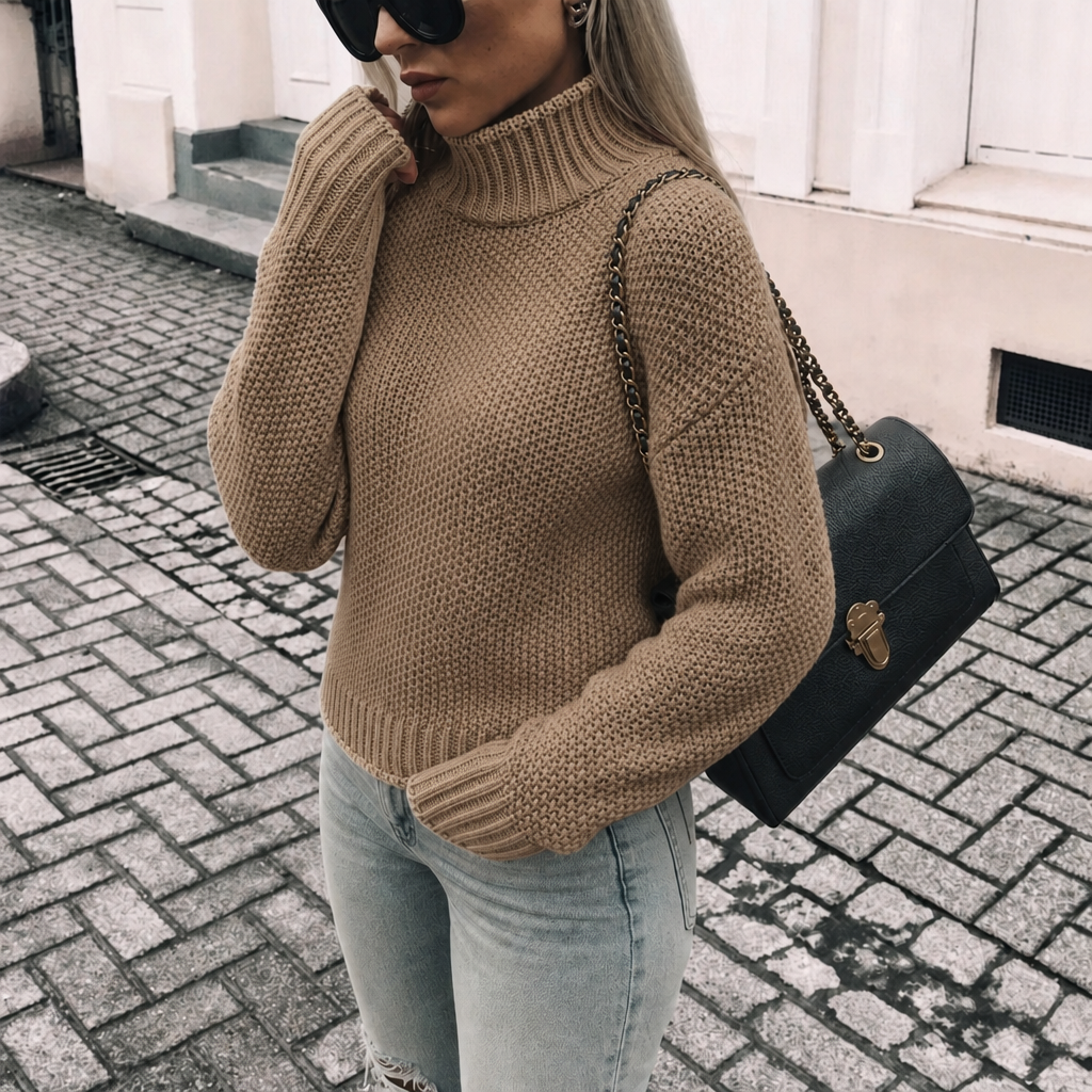 Polotröja dam, oversize — grovstickad turtleneck i akryl för höst och vinter